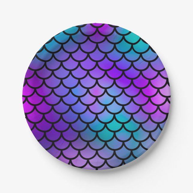 Teal Purple Pink Blue Mermaid Scales Fantasy Fish Paper Plates (Front)
