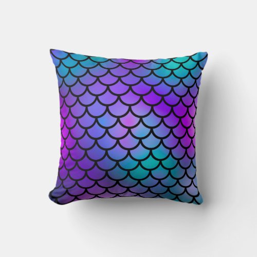 Teal Purple Pink Blue Mermaid Scales Fantasy Fish Throw Pillow