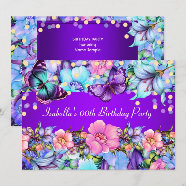 Teal Purple Pink Butterfly Birthday Party Invite (Front/Back)