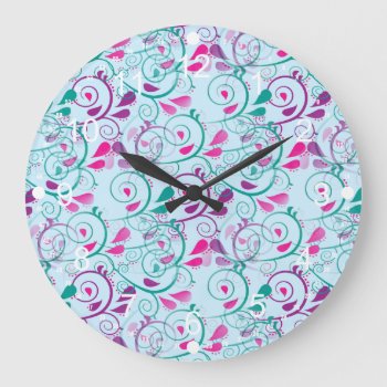 Teal Purple Pink Floral Flourish Swirls On Blue Large Clock by PrettyPatternsGifts at Zazzle