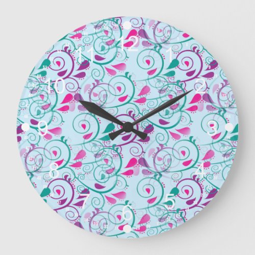 Teal Purple Pink Floral Flourish Swirls on Blue Large Clock