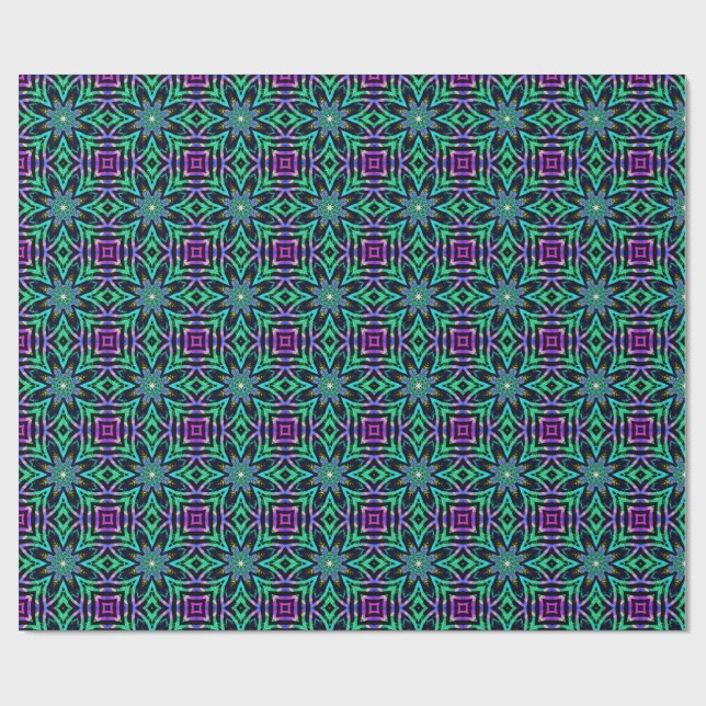 Teal, Purple & Pink Kaleidoscope Fractal Pattern Wrapping Paper (Flat)