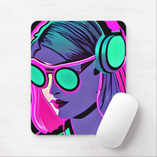 Teal, Purple, Pink Psychedelic Lady in Headphones Mouse Pad