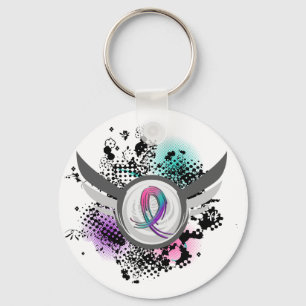 Teal Purple Pink Ribbon And Wings Thyroid Cancer Keychain
