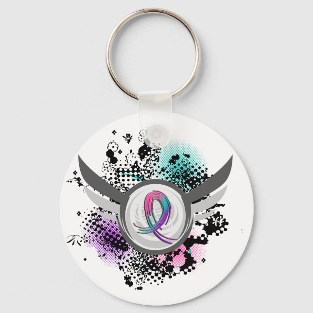 Teal Purple Pink Ribbon And Wings Thyroid Cancer Keychain (Front)