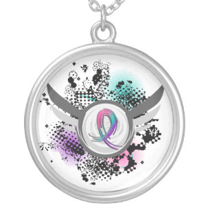 Teal Purple Pink Ribbon And Wings Thyroid Cancer Silver Plated Necklace