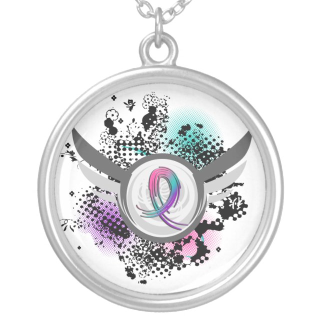 Teal Purple Pink Ribbon And Wings Thyroid Cancer Silver Plated Necklace (Front)