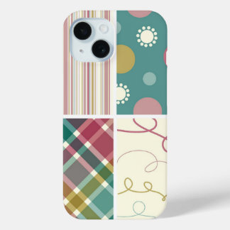 Teal Purple Plaid Check Dots Scribbles Pattern iPhone 15 Case