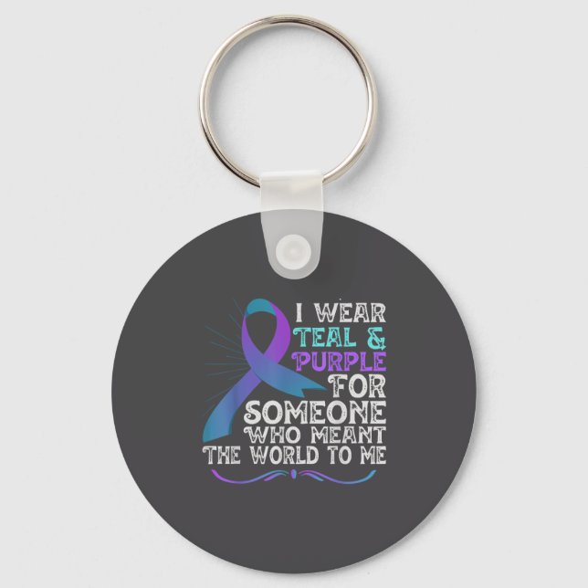 Teal Purple Ribbon For Suicide Prevention Awarenes Keychain (Front)