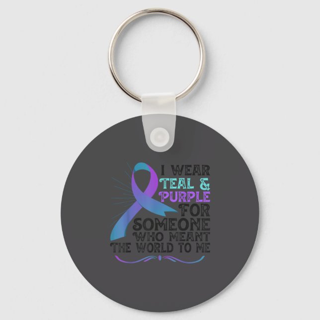 Teal Purple Ribbon For Suicide Prevention Awarenes Keychain (Front)