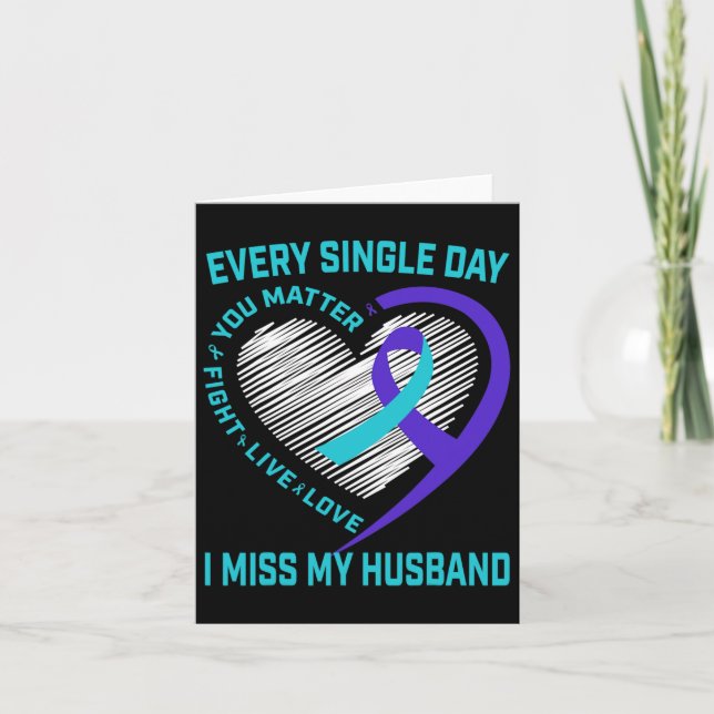 Teal Purple Ribbon Heart Husband Suicide Awareness Card (Front)