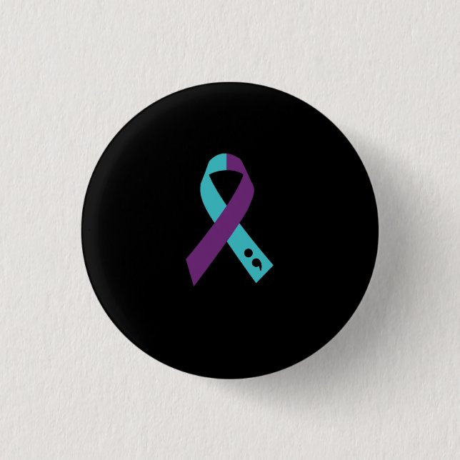 Teal Purple Ribbon Semicolon Suicide Prevention Button (Front)