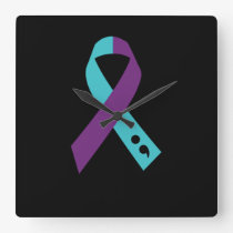 Teal Purple Ribbon Semicolon Suicide Prevention Square Wall Clock