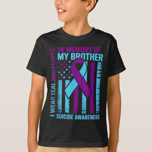 Teal Purple Ribbon Suicide Awareness Flag Brother  T-Shirt (Front)