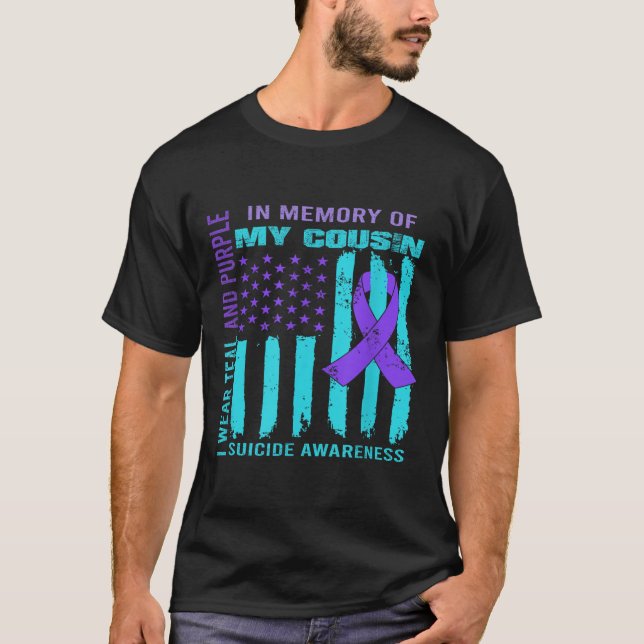 Teal Purple Ribbon Suicide Awareness Flag Cousin B T-Shirt (Front)