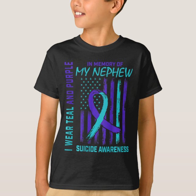 Teal Purple Ribbon Suicide Awareness Flag Nephew B T-Shirt (Front)