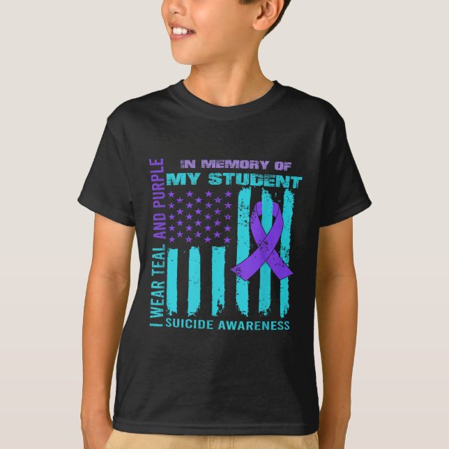 Teal Purple Ribbon Suicide Awareness Flag Student  T-Shirt (Front)