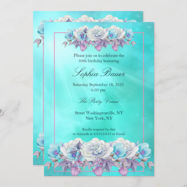 Teal Purple Roses Floral Birthday Party Invitation | Zazzle