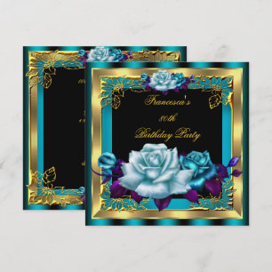 Teal Purple Roses Gold Elegant Womans Birthday 4 Invitation