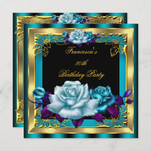 Teal Purple Roses Gold Elegant Womans Birthday 4 Invitation