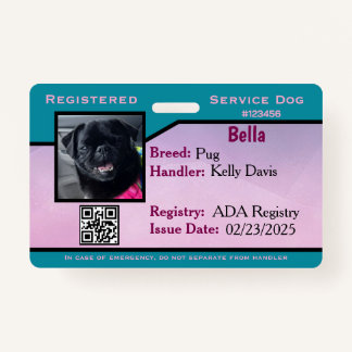 Teal/Purple service dog ID card Badge