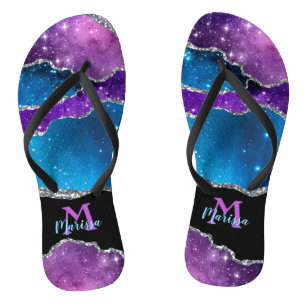 Teal Purple Silver Black Marbled Agate and Glitter Flip Flops