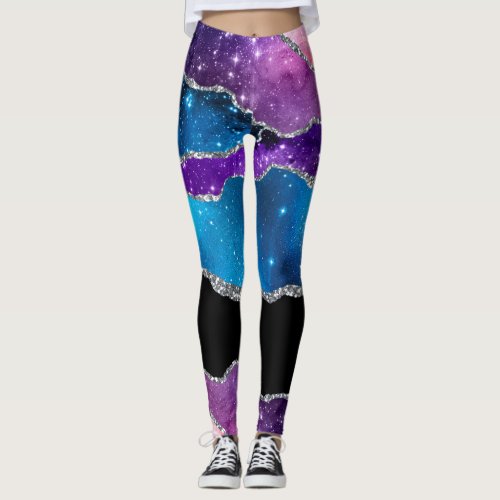 Teal Purple Silver Black Marbled Agate and Glitter Leggings