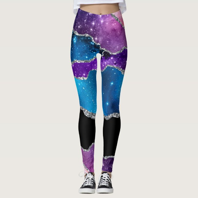 Teal Purple Silver Black Marbled Agate and Glitter Leggings (Front)