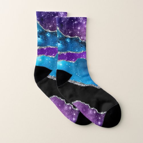 Teal Purple Silver Black Marbled Agate and Glitter Socks