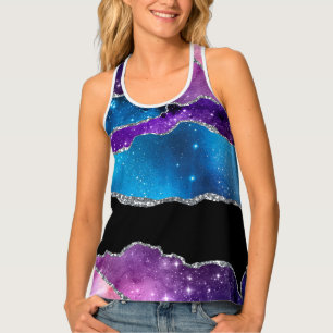 Teal Purple Silver Black Marbled Agate and Glitter Tank Top