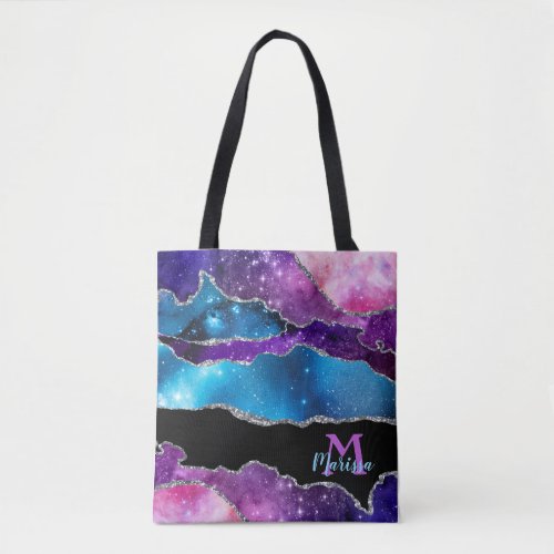 Teal Purple Silver Black Marbled Agate and Glitter Tote Bag
