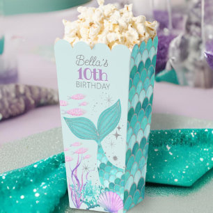 Teal Purple Silver Mermaid Scales Birthday Popcorn Favor Boxes