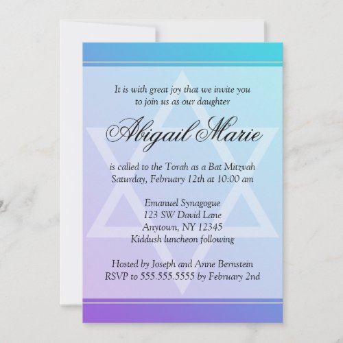 Teal Purple Star of David Bat Mitzvah Invitation