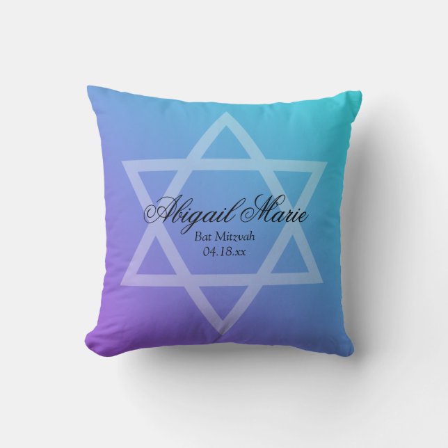 Teal Purple Star of David Bat Mitzvah Personalized Throw Pillow (Front)