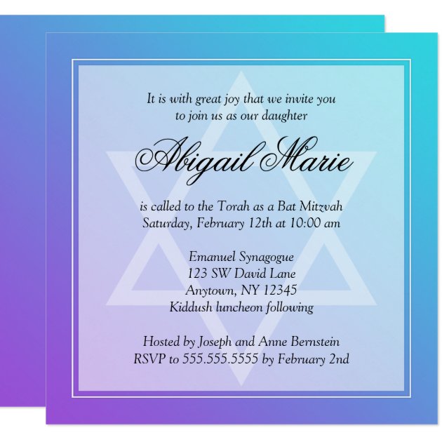 Teal Purple Star Of David Bat Mitzvah Square Invitation