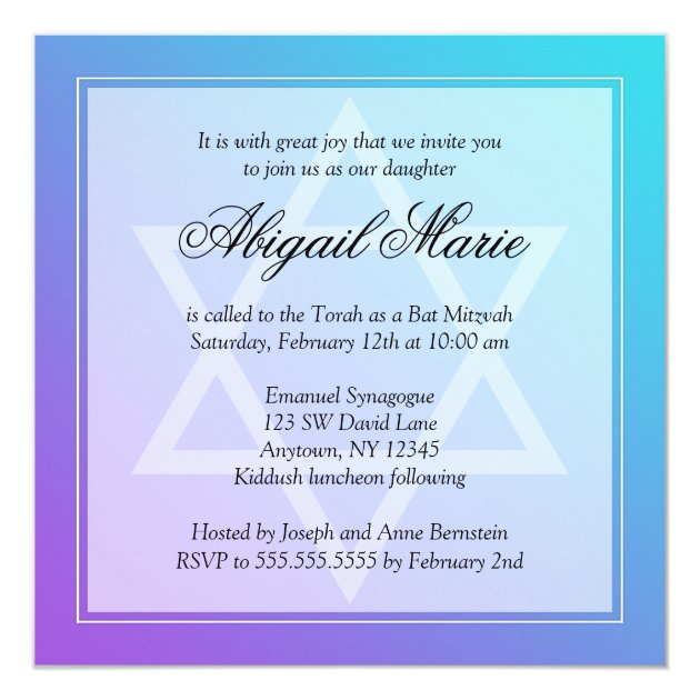 Teal Purple Star Of David Bat Mitzvah Square Invitation