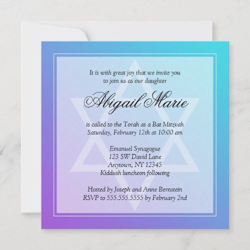 Teal Purple Star of David Bat Mitzvah Square Custom Invites