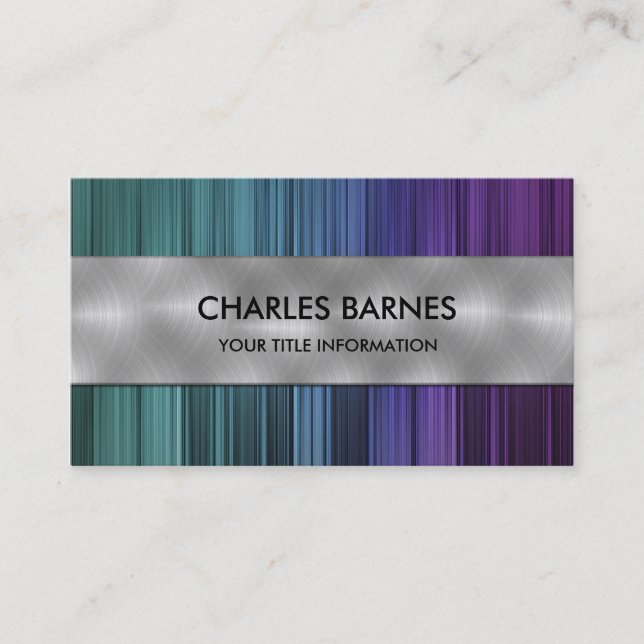 Teal Purple Stripe Steel Business Card (Front)