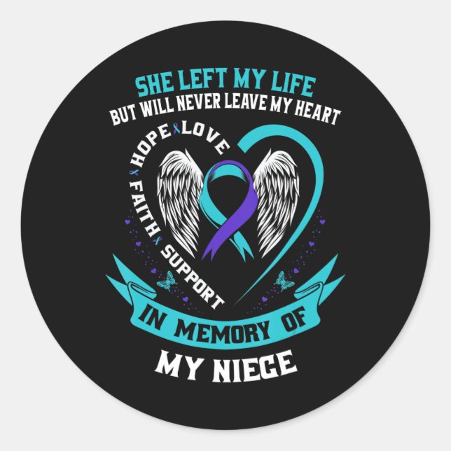 Teal Purple Suicide Awareness Ribbon Niece Memoria Classic Round Sticker (Front)