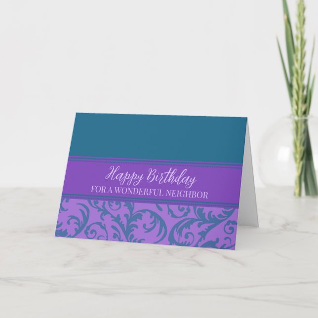 Teal Purple Swirls Neighbor Birthday Card (Front)