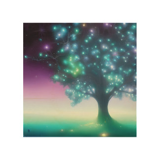 Teal Purple Tree with Lights Wood Wall Art