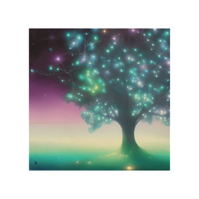 Teal Purple Tree with Lights Wood Wall Art (Front)
