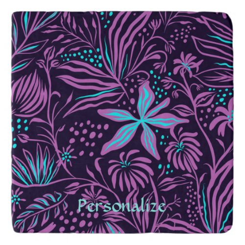 Teal Purple Tropical Abstract Flowers Personalize Trivet