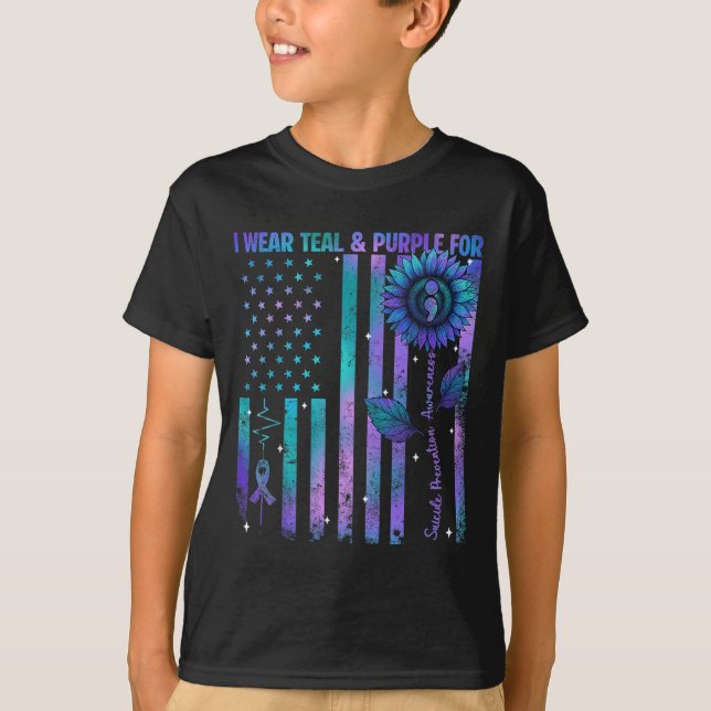 Teal Purple Us Usa Flag Suicide Prevention Awarene T-Shirt (Front)