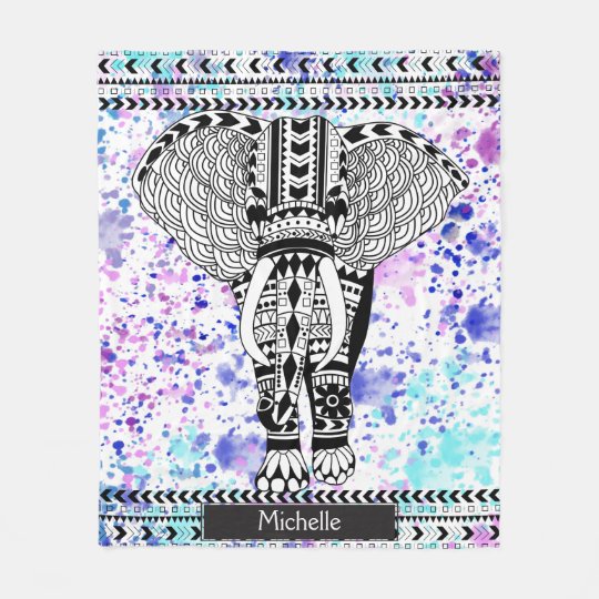 teal purple watercolor tribal patterned elephant fleece blanket