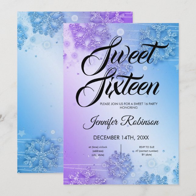 Teal & Purple Winter Sweet 16 Glitter Sparkle Invitation (Front/Back)