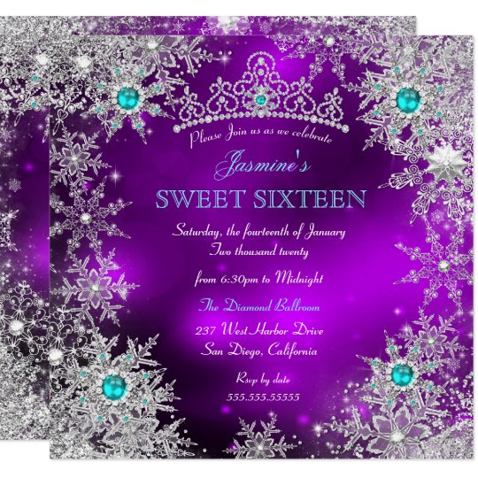 Teal Purple Winter Wonderland Sweet 16 Snowflake Invitation | Zazzle.com