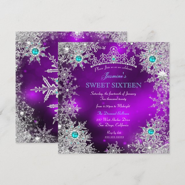 Teal Purple Winter Wonderland Sweet 16 Snowflake Invitation (Front/Back)