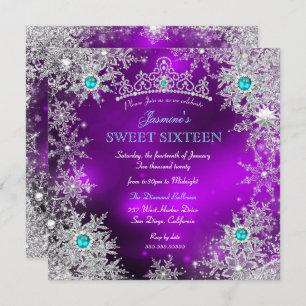 Teal Purple Winter Wonderland Sweet 16 Snowflake Invitation