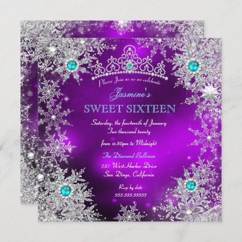 Teal Purple Winter Wonderland Sweet 16 Snowflake Invitation